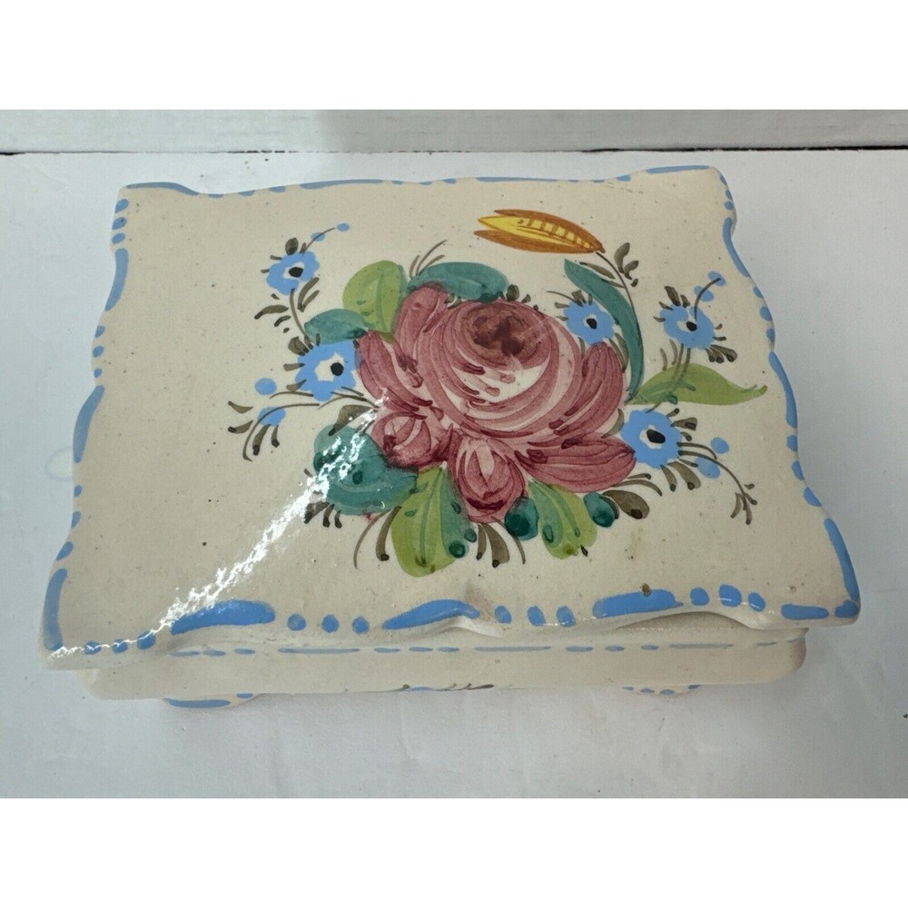 Vintage Made in Italy Pottery Trinket Box with Hand Painted Flowers